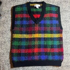 Laura Gayle Plaid V Neck Sweater Vest Women's Size M Black Multi Color Sparkle